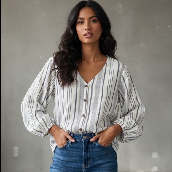 LOFT Tops - LOFT Linen Blend V-Neck Striped Blouse